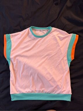 Pink Colorblock Short Sleeve Top with Teal Trim